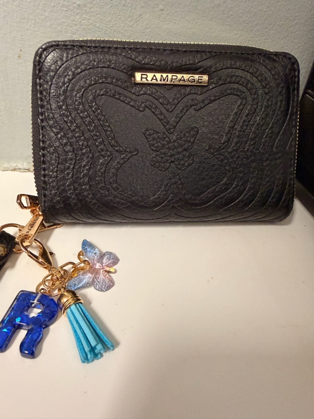 Rampage Black Quilted Butterfly Zip Wallet with Blue Charm(s) so cute 🥰
